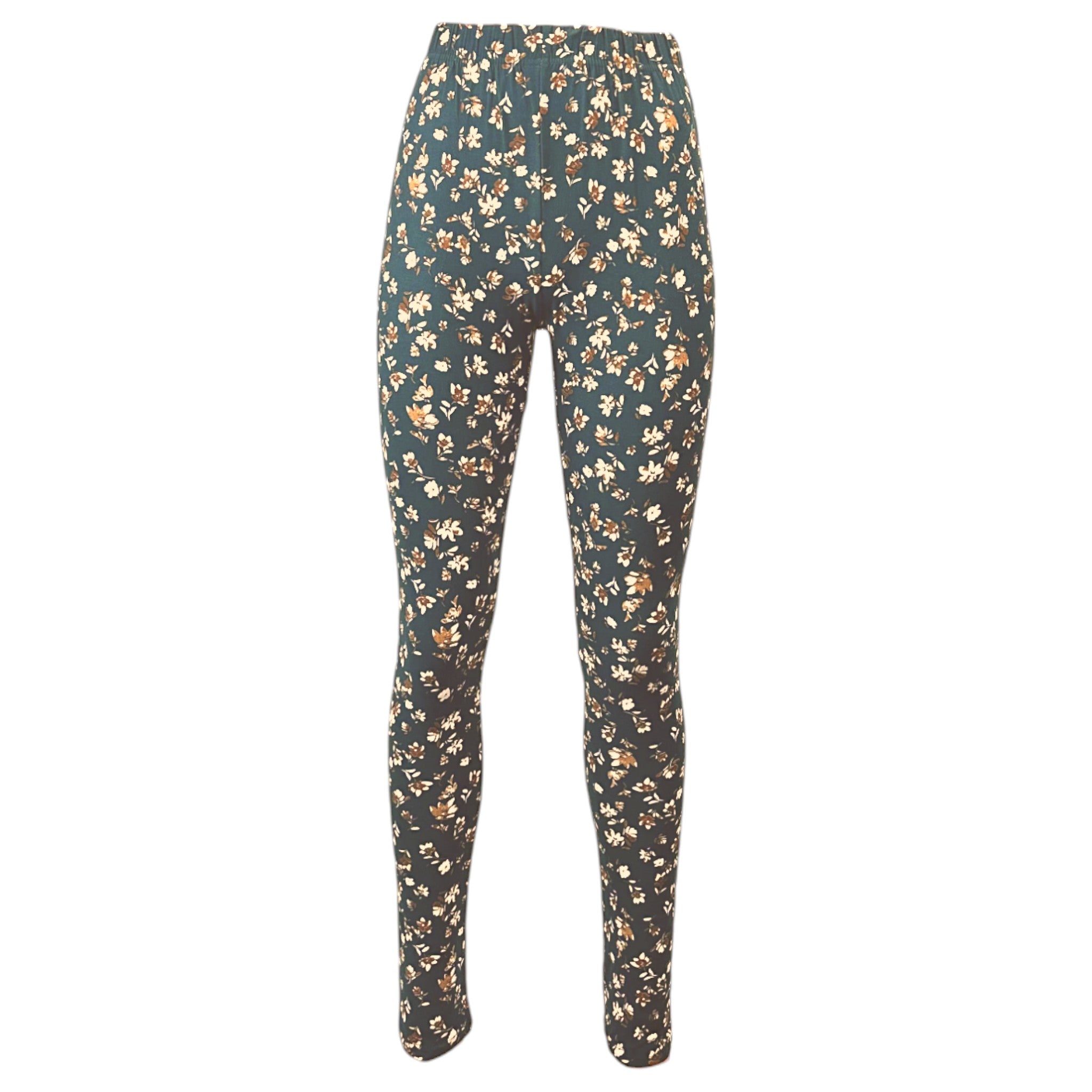 Women's full-length women's leggings in dark green with beige floral print, soft stretchy fabric, ideal for casual wear, yoga, and everyday outfits.